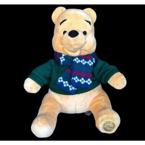 Disney Store Winnie Pooh Plush Bear Green Sweater Argyle Scarf Stuffed Toy